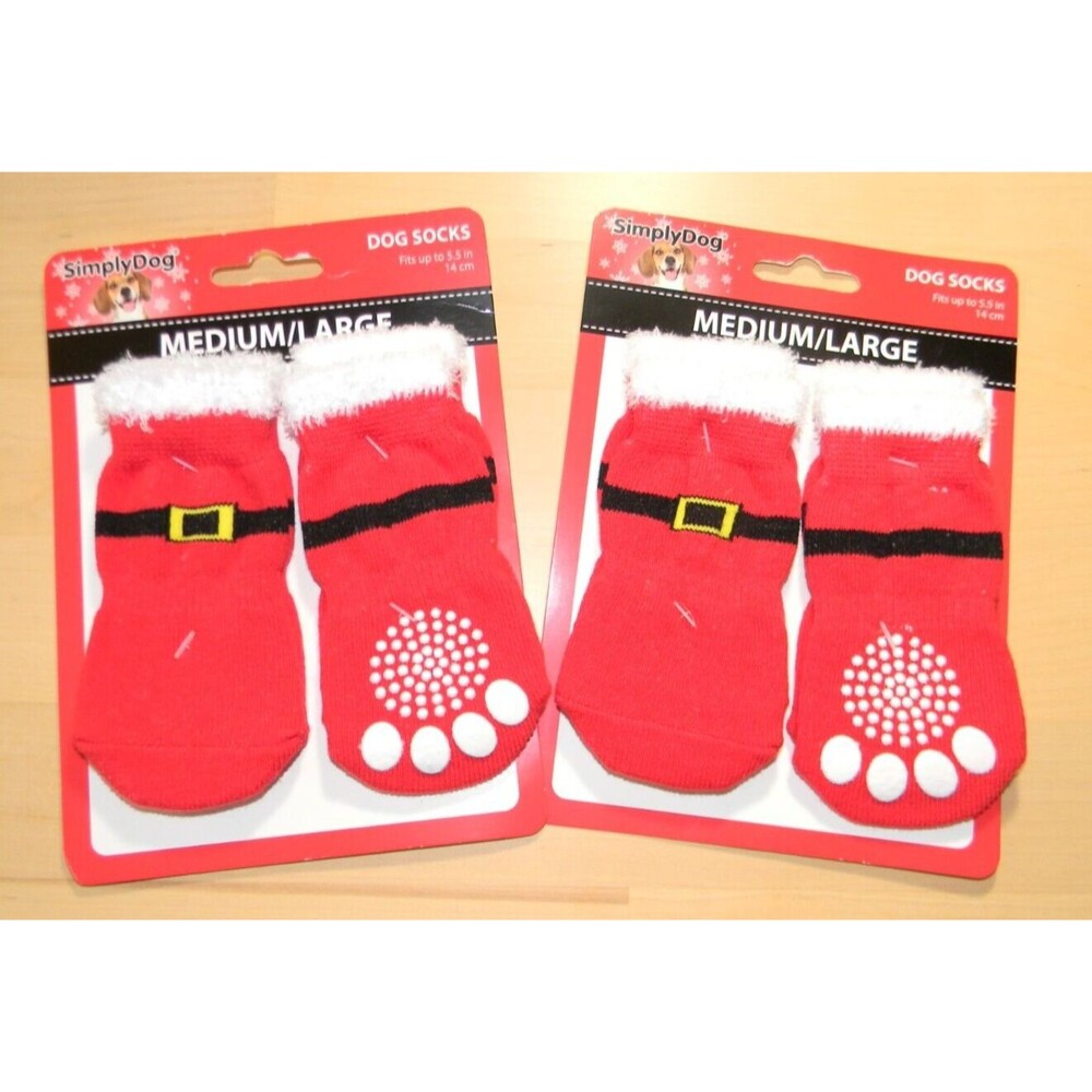 SimplyDog Dog Socks Sz Med/Large Red Christmas Fits Up To 5.5” 14cm 2 Sets NEW
